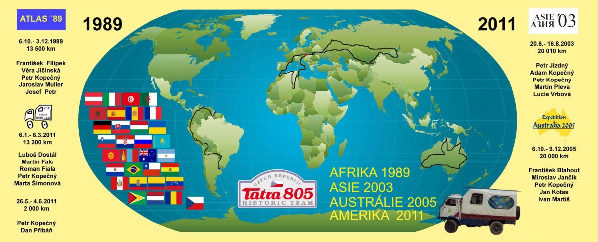 Trasa, kterou projela expedin tatra 805, vyznaen na map svta